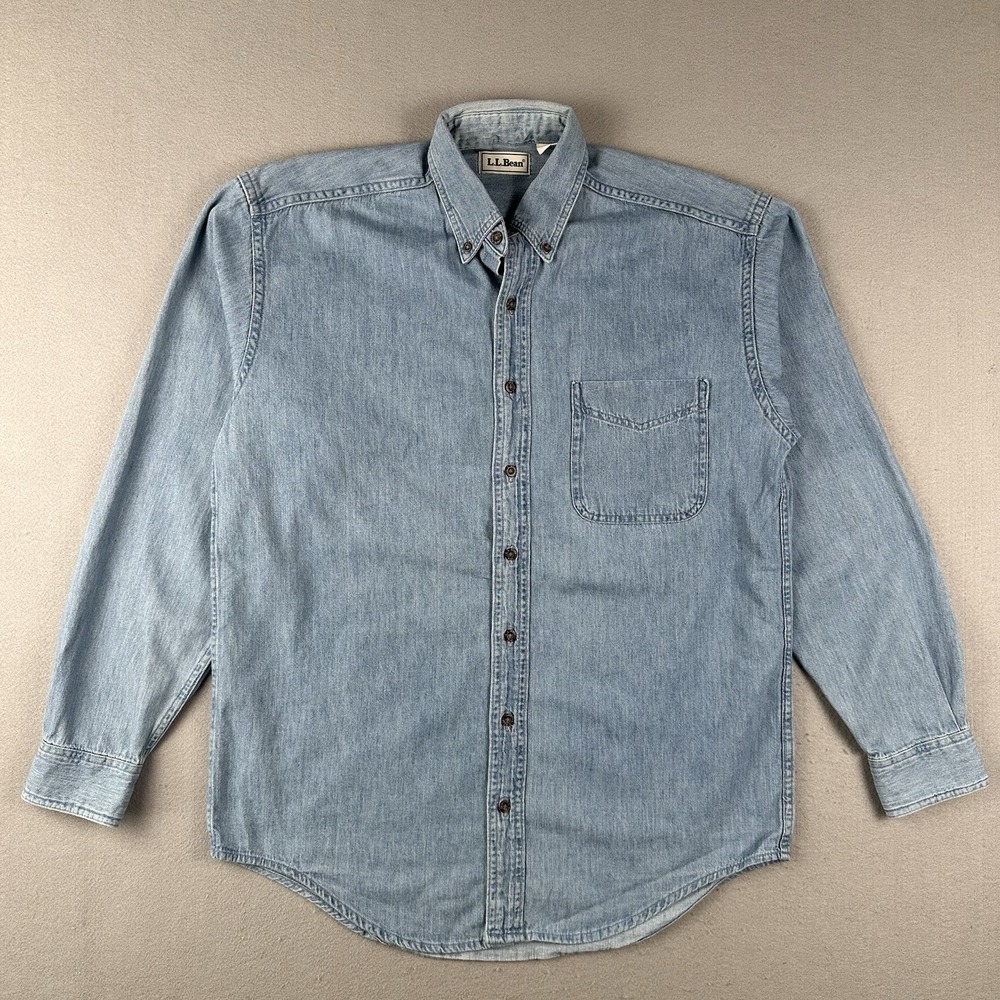 Vintage 90s L.L. Bean Chambray Button Down Shirt Men's Medium Tall Blue Denim